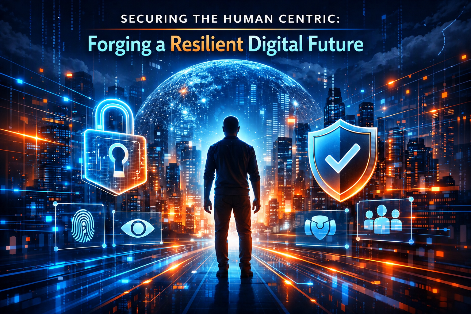 Digital city with a person, padlock, shield, fingerprint and eye icons